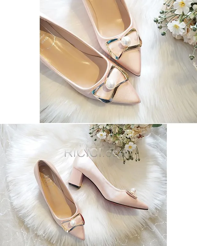 Blanche Élégant Petit Talon Talon Carrés Chaussure Demoiselle D honneur Satin Bout Pointu Chaussure Mariée Escarpins Femmes