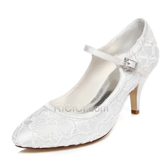 Dentelle Blanche Talon Aiguille Avec Bride Cheville Chaussure Mariée 7 cm Talon Mid Escarpins Femmes