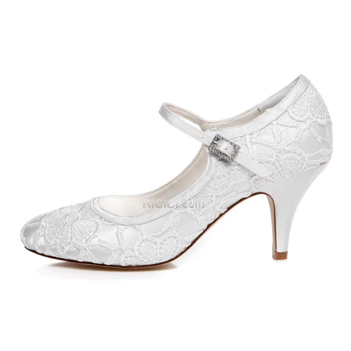 Dentelle Blanche Talon Aiguille Avec Bride Cheville Chaussure Mariée 7 cm Talon Mid Escarpins Femmes