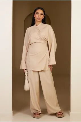 Ensemble 2 pièces blouse croisé + pantalon beige