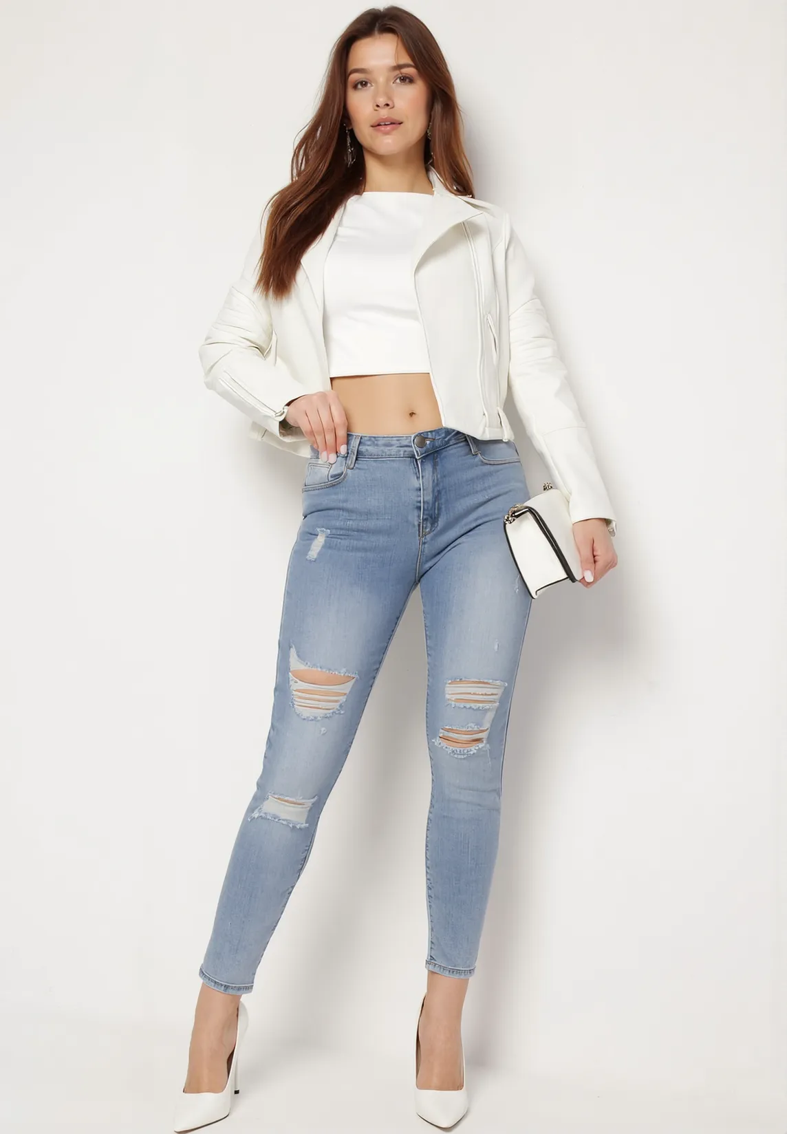Jean skinny bleu avec trous et effet push up