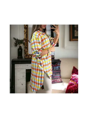 Longue chemise à carreaux très chic avec du jaune