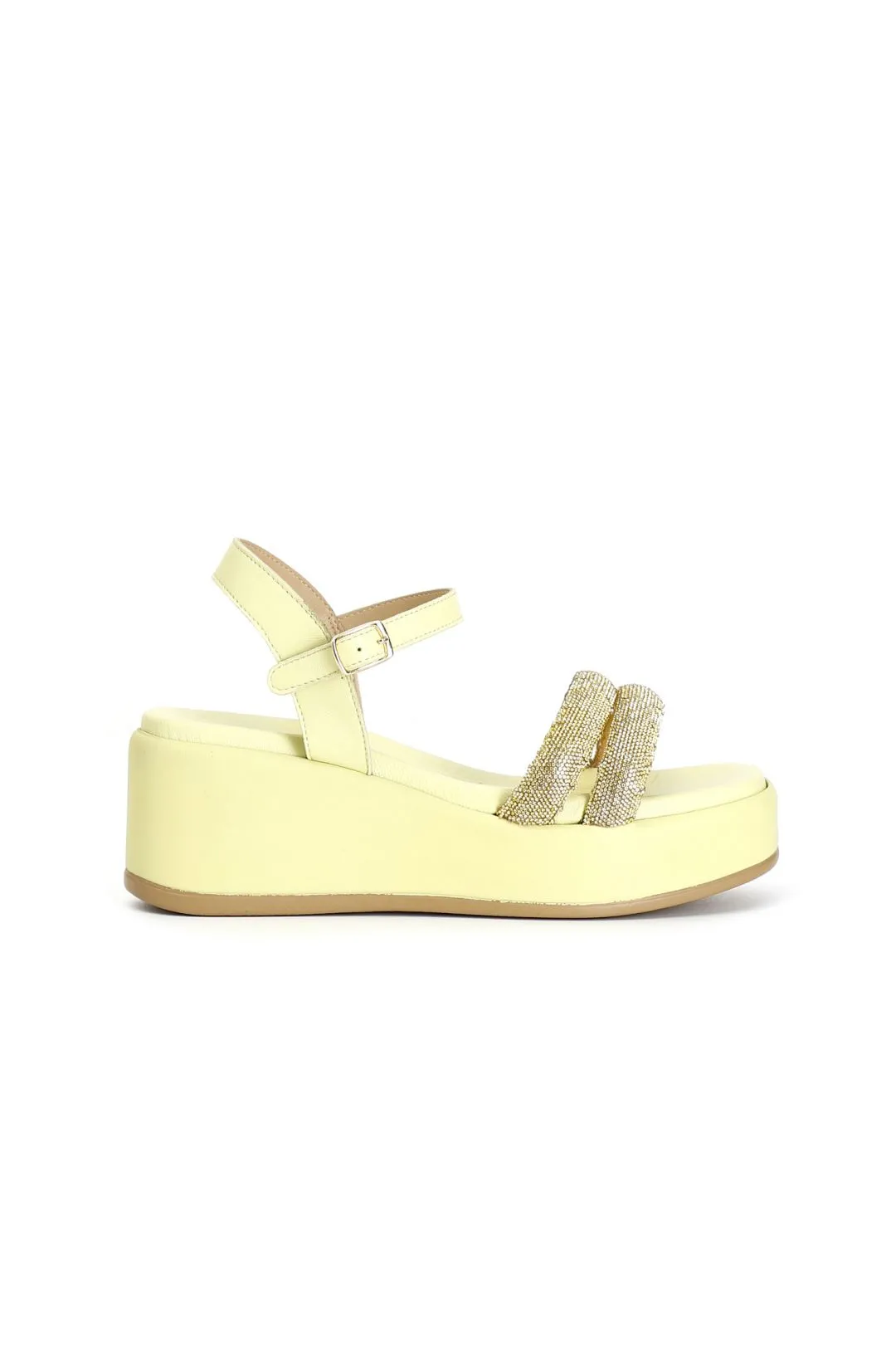 sandales modèle gilda à semelle compensée et double bande avec strass yellow - CafèNoir