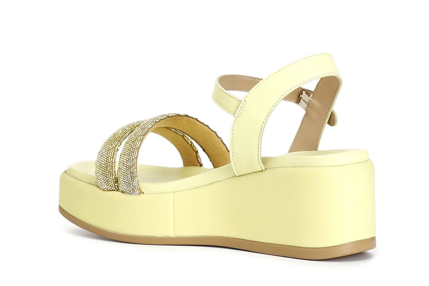 sandales modèle gilda à semelle compensée et double bande avec strass yellow - CafèNoir