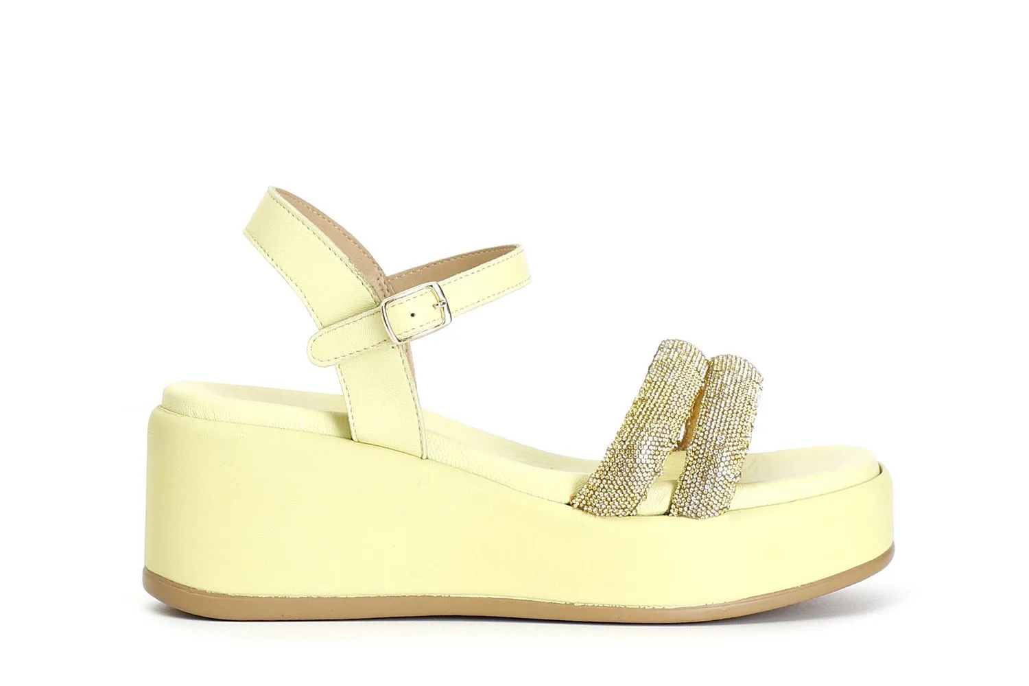 sandales modèle gilda à semelle compensée et double bande avec strass yellow - CafèNoir