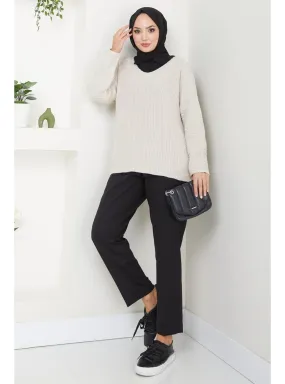 Stone Color - Unlined - V neck Collar - Knit Sweaters